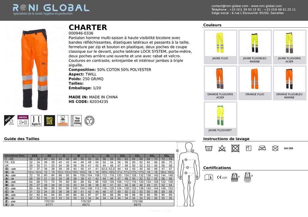Pantalon de sécurité haute visibilité homme multi-saison, en coton et polyester 6 poches CLASS 3 - CHARTER PAYPER