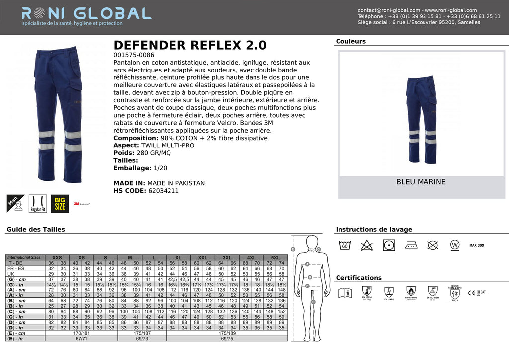 Pantalon de protection antistatique, ignifuge CLASSE 1 A1, antiacide TYPE PB6, chaleur et flammes A1-B1-C1-D1-E3 et risques thermiques d'un arc électrique APC 1 - DEFENDER REFLEX 2.0 PAYPER