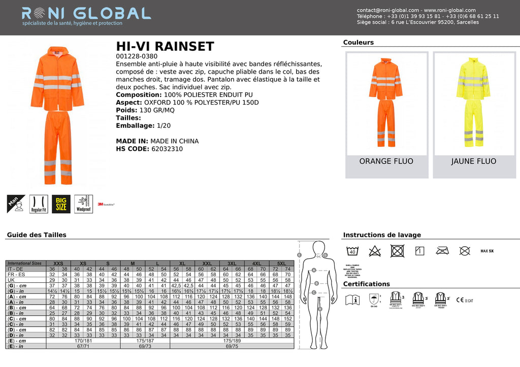 Ensemble de travail homme haute visibilité anti-pluie en polyester coupe droite CLASS 3 - HI-VI RAINSET PAYPER