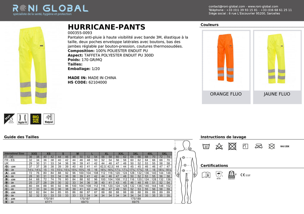 Pantalon de sécurité homme haute visibilité et anti-pluie en polyester enduit PU 2 poches CLASS 2 - HURRICANE PAYPER