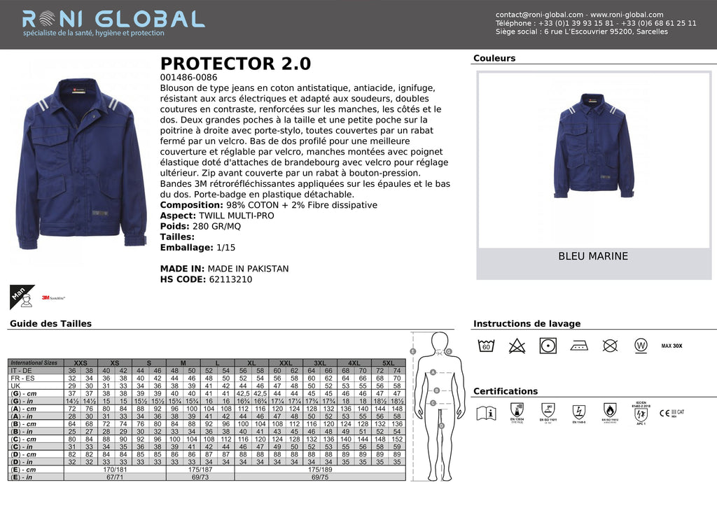Veste de protection antistatique, anti-chaleur et flamme A1-B1-C1-D1-E3, antiacide TYPE PB6, ignifuge CLASS 1 A1, résistant aux arcs électriques APC 1 en coton - PROTECTOR 2.0 PAYPER
