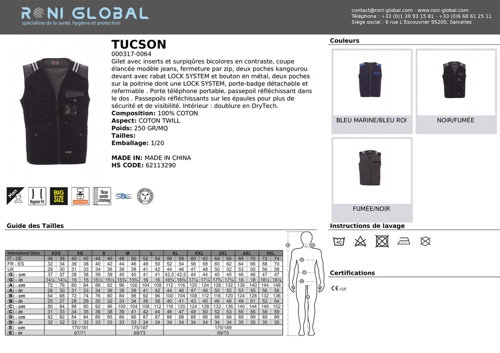 Gilet de travail jean homme coupe droite en coton, doublure en Drytech et 5 poches - TUCSON PAYPER