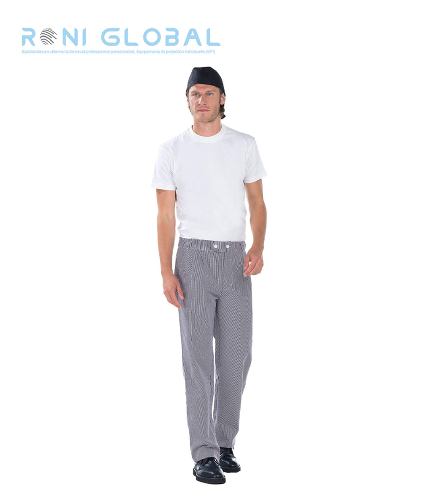 Pantalon de cuisine pied de poule marine et blanc homme en coton 3 poches - ERIC REMI CONFECTION