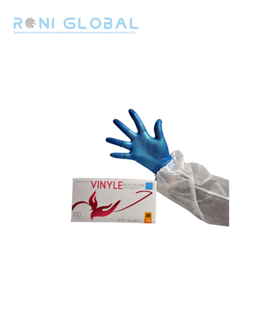 Gant en chlorure de polyvinyle bleu jetable, résistant et souple poudré (carton de 1000 pièces) - PROMOSAC
