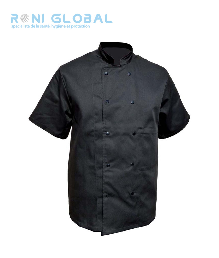 Veste de cuisine noire manches courtes, en coton/polyester 2 poches - VESTE CUISINE MC P/C NOIR PRESSIONS PBV