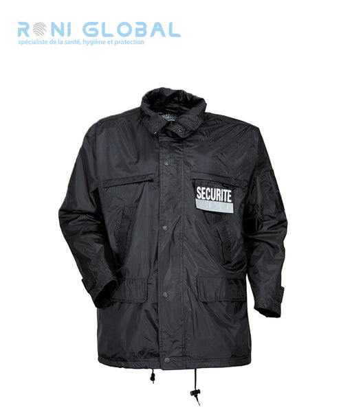 Veste de sécurité noire coupe-vent et imperméable à capuche, en polyester enduit PVC 8 poches - COUPE-VENT SECURITE CITYGUARD