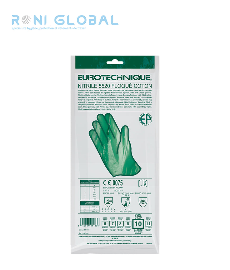 Gant de protection chimique modérée en acrylonitrile et coton flocké enduit au nitrile TYPE B - EUROCHEM N5520 COVERGUARD (boîte de 10 paires)