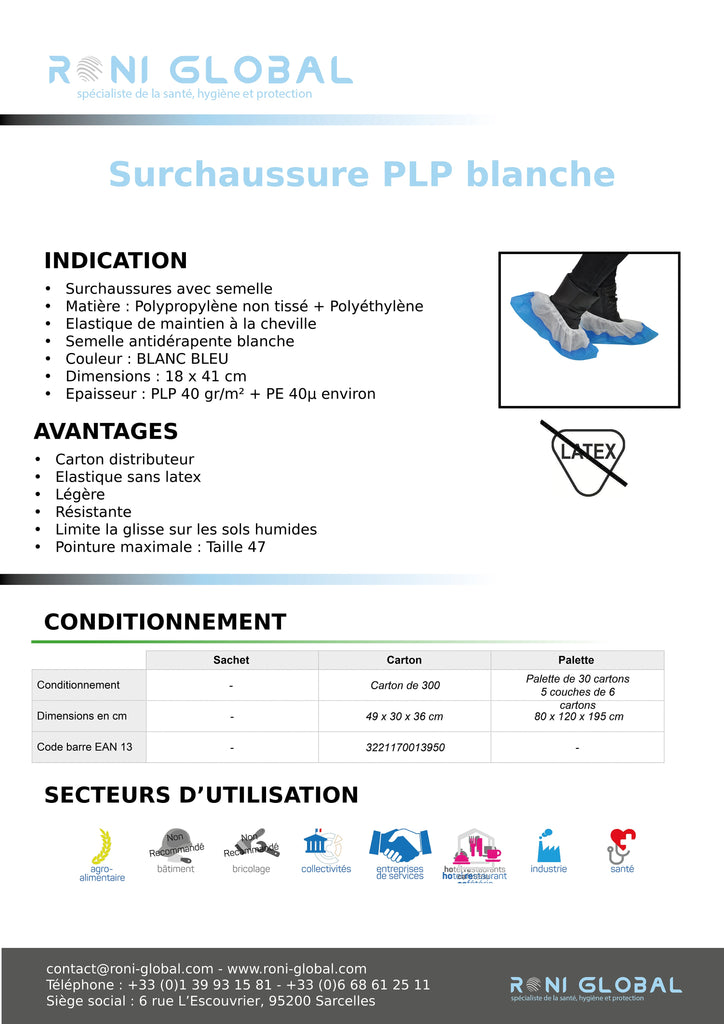 Surchaussure PLP blanche avec semelle (300 pièces)