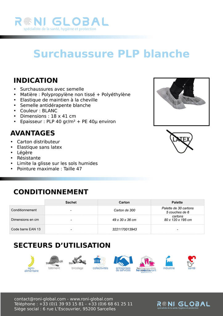 Surchaussure PLP blanche avec semelle (300 pièces)