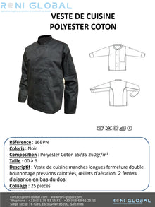 Veste de cuisine noire manches longues, en coton/polyester 2 poches - VESTE CUISINE PC NOIR PRESSIONS PBV