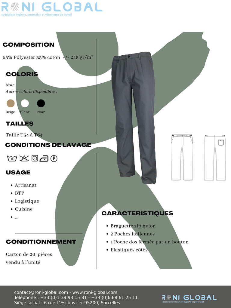 Pantalon de travail homme gris en coton/polyester - PANTALON PC GRIS ELASTIQUE PBV