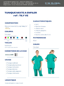 Tunique de travail santé verte unisexe, manches courtes, en coton et polyester 3 poches - TUNIQUE À ENFILER MIXTE TILY VERT PBV