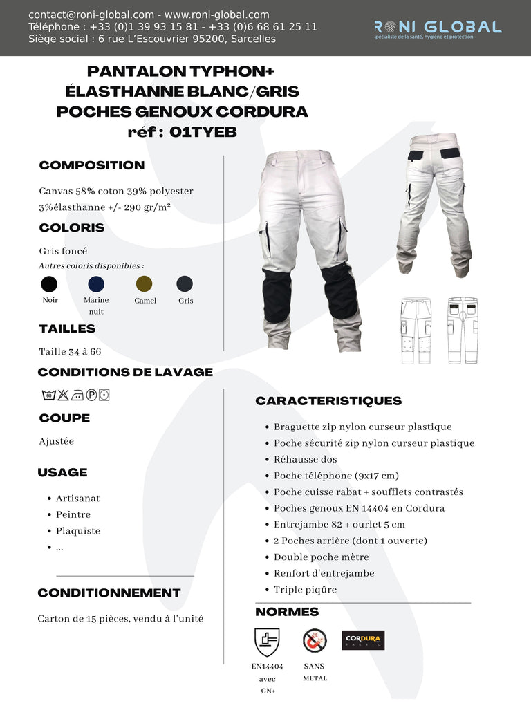 Pantalon de travail blanc avec protection genoux, en coton/polyester/élasthanne 6 poches - PANTALON PG BOB BLANC/GRIS PBV