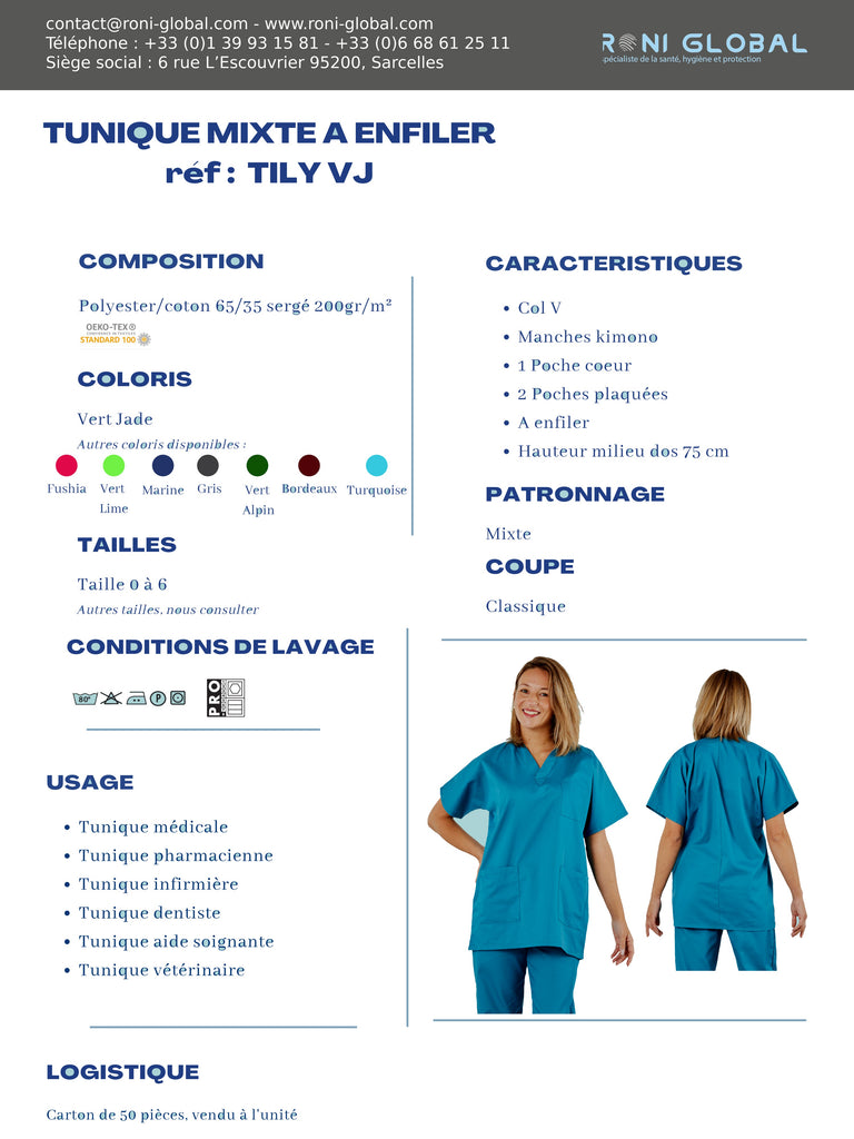 Tunique de travail santé verte jade unisexe manches courtes, en coton et polyester 3 poches - TUNIQUE À ENFILER MIXTE TILY VERT JADE PBV