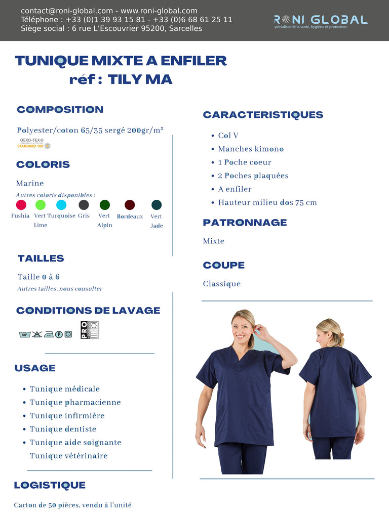 Tunique de travail santé marine unisexe manches courtes, en coton et polyester 3 poches - TUNIQUE À ENFILER MIXTE TILY MARINE PBV