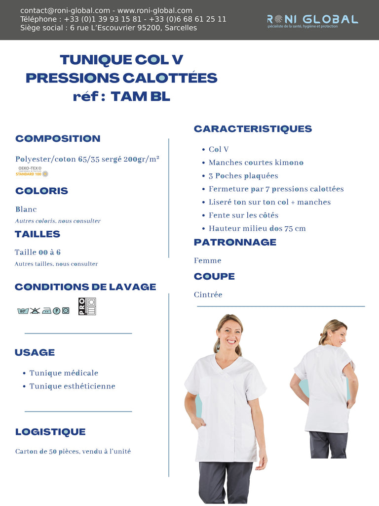 Tunique de travail blanche femme manches courtes et col en V, en coton et polyester 3 poches- TUNIQUE TAM COL V BLANC PBV