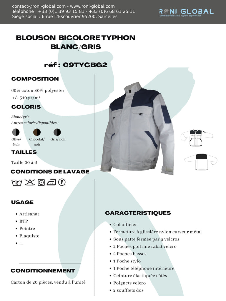 Blouson de travail blanc homme manches longues en coton/polyester 6 poches - DENNIS BLANC/GRIS PBV