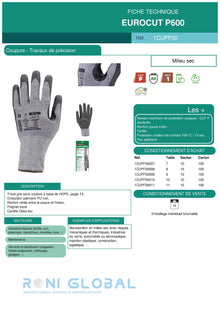 Gant de protection milieu sec en HDPE polyester / élasthanne enduit au PU anti-chaleur, anti-coupure et précision CUT F HOT 1 - EUROCUT P600 COVERGUARD (boîte de 10 paires)