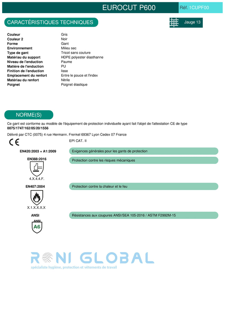 Gant de protection milieu sec en HDPE polyester / élasthanne enduit au PU anti-chaleur, anti-coupure et précision CUT F HOT 1 - EUROCUT P600 COVERGUARD (boîte de 10 paires)