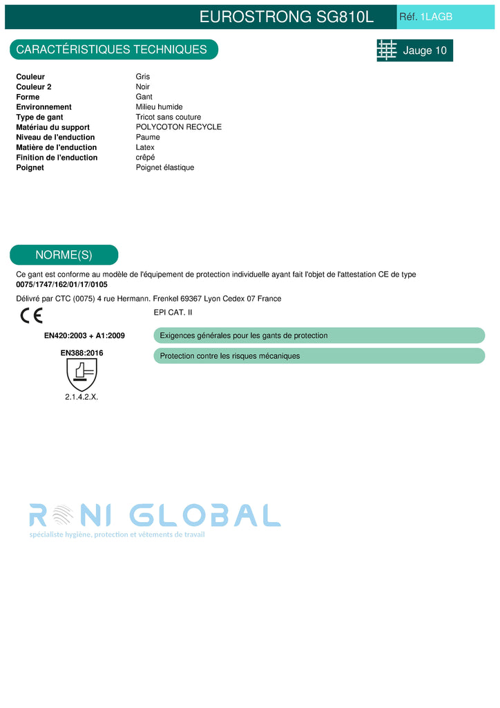 Gant de protection milieu humide en poly-coton recyclé enduit au latex manutention générale et lourde - EUROSTRONG SG810L COVERGUARD (boîte de 10 paires)
