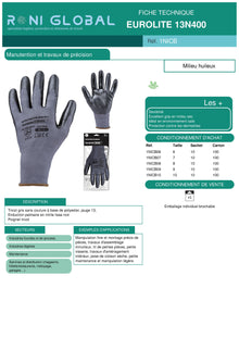 Gant de protection milieu huileux en polyester / élasthanne enduit au nitrile manutention et précision - EUROLITE 13N400 COVERGUARD (boîte de 10 paires)
