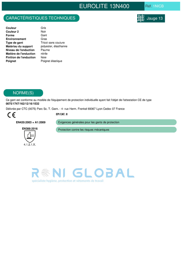 Gant de protection milieu huileux en polyester / élasthanne enduit au nitrile manutention et précision - EUROLITE 13N400 COVERGUARD (boîte de 10 paires)