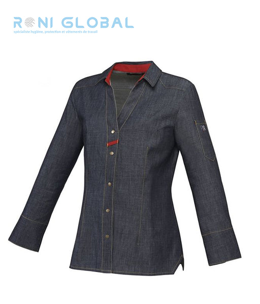 Veste de cuisine femme denim et rouge manches longues en coton 1 poche - VERVEINE ROBUR