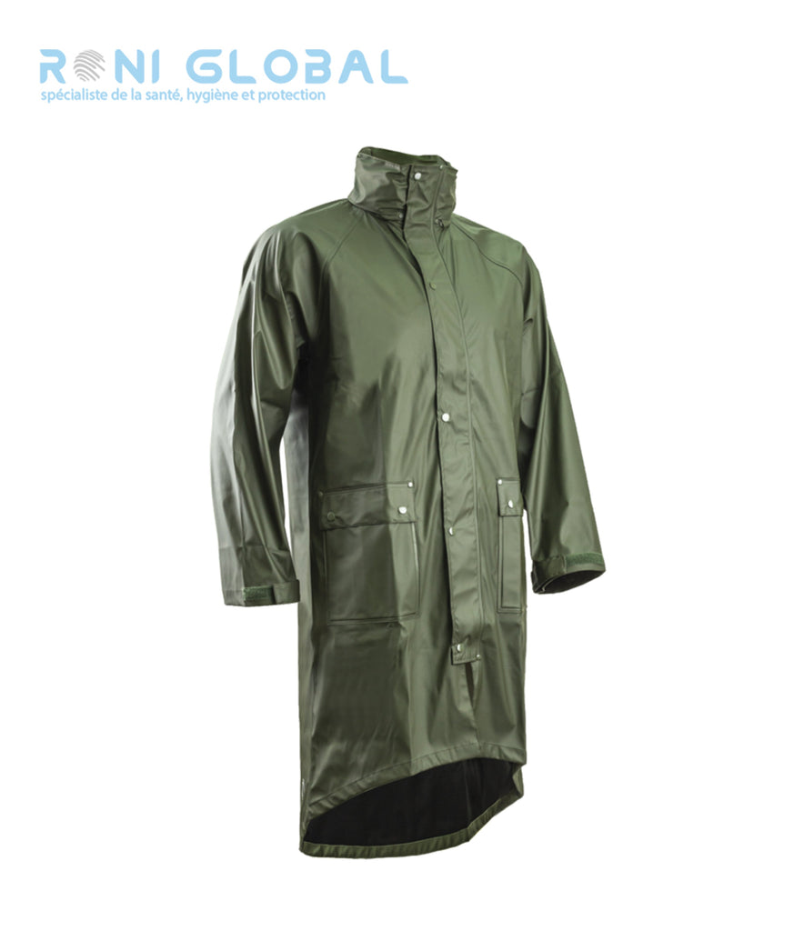 Manteau de travail coupe-vent, anti-pluie et imperméable en polyester enduit polyuréthane vert 2 poches - PU COAT COVERGUARD