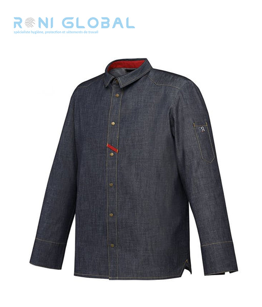 Veste de cuisine homme denim rouge manches longues en coton avec pans biseautés - VINHO ROBUR