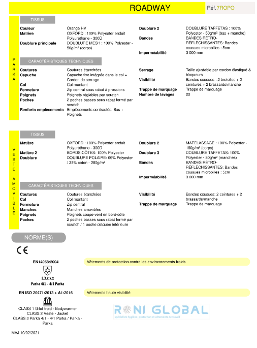 Parka de travail 4en1 haute visibilité anti-froid thermique en polyester enduit polyuréthane CLASS 3 - ROADWAY 4/1 COVERGUARD