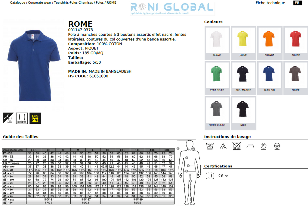 Polo de travail homme manches courtes, coupe droite en coton - ROME PAYPER
