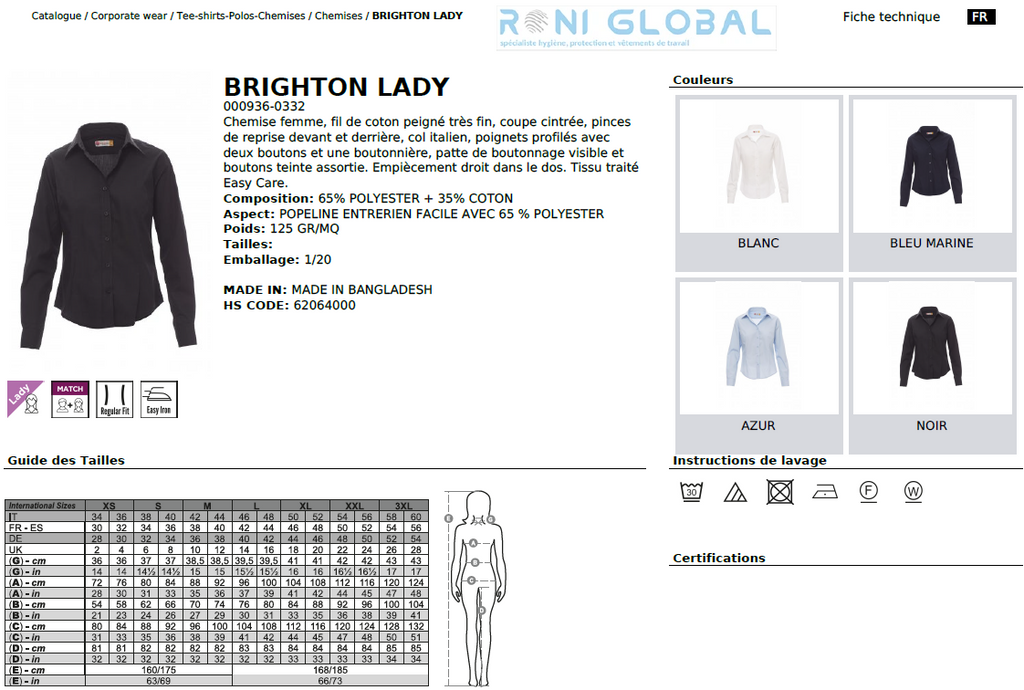 Chemise de travail femme manches longues coupe droite en coton et polyester - BRIGHTON LADY PAYPER