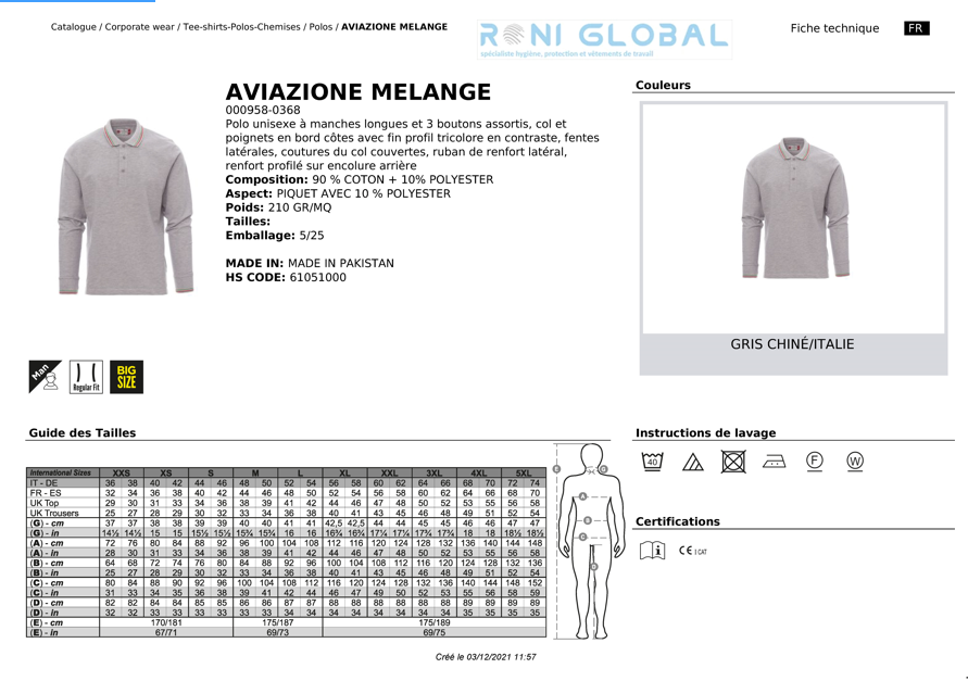 Polo de travail gris unisexe manches longues avec col et poignets tricolores, en coton et polyester - AVIAZIONE MELANGE PAYPER
