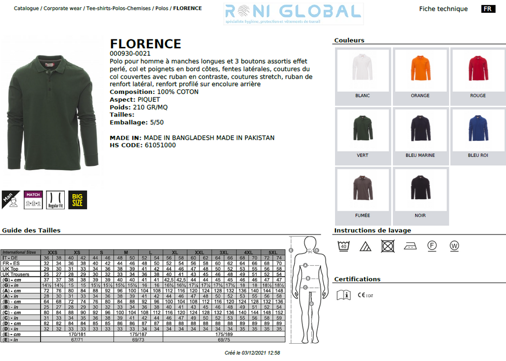 Polo de travail homme manches longues, coupe droite en coton - FLORENCE PAYPER
