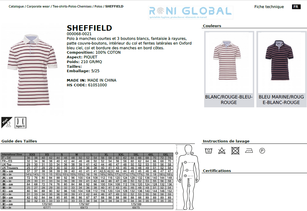 Polo de travail homme manches courtes, à rayures, coupe droite en coton - SHEFFIELD PAYPER