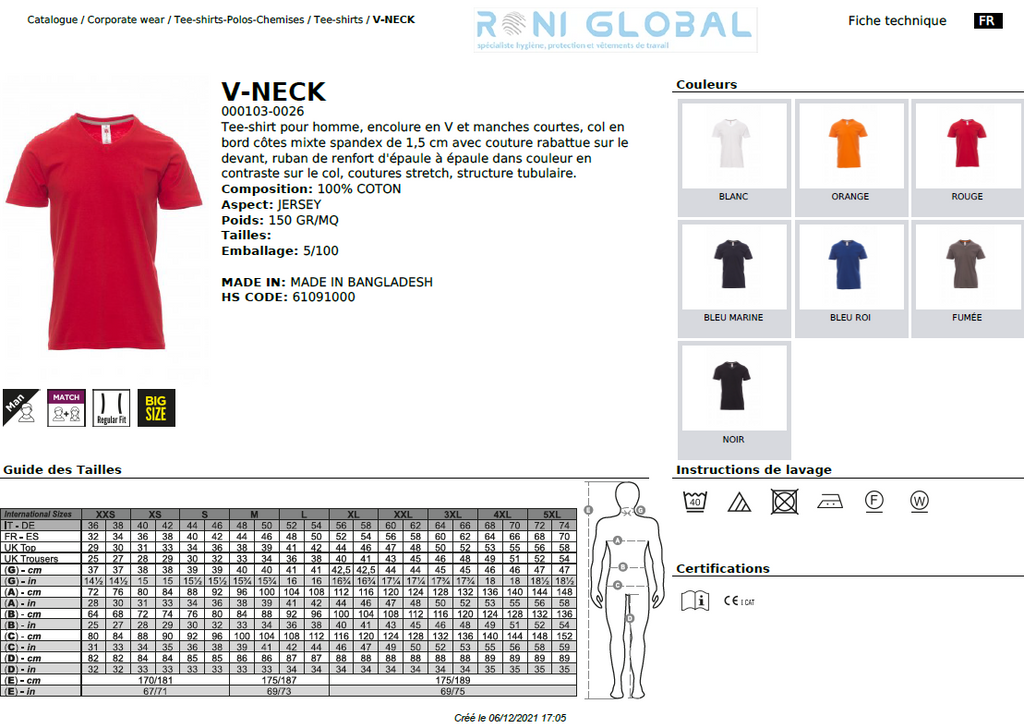 T-shirt de travail homme manches courtes, encolure en V, coupe droite en coton - V-NECK PAYPER