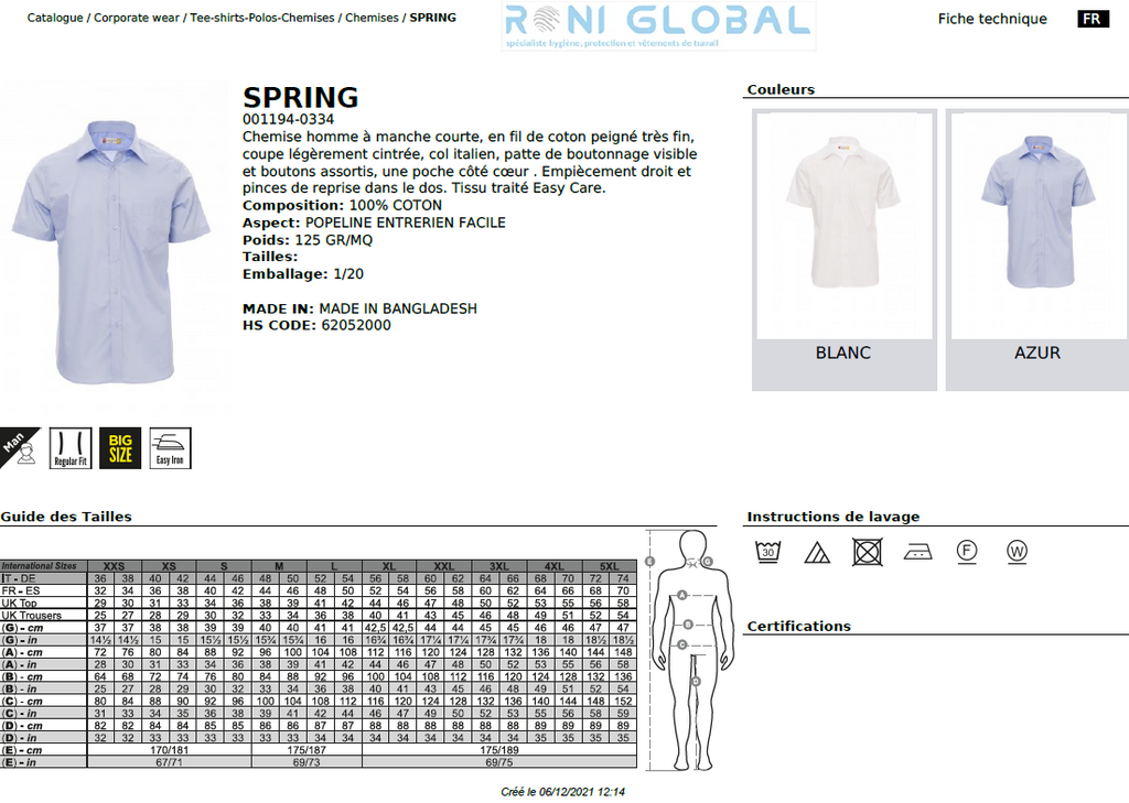 Chemise de travail homme manches courtes, coupe droite en coton 1 poche- SPRING PAYPER