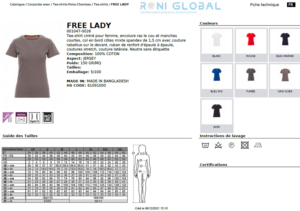 T-shirt de travail femme manches courtes, coupe droite en coton - FREE LADY PAYPER