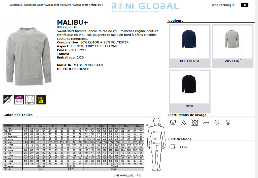 Sweat de travail homme col V, coupe droite en coton et polyester - MALIBU+ PAYPER