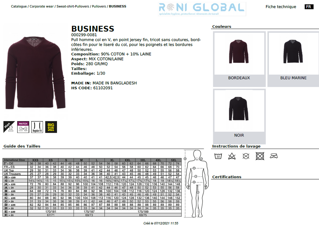 Pull de travail homme col en V, coupe droite en coton et laine - BUSINESS PAYPER