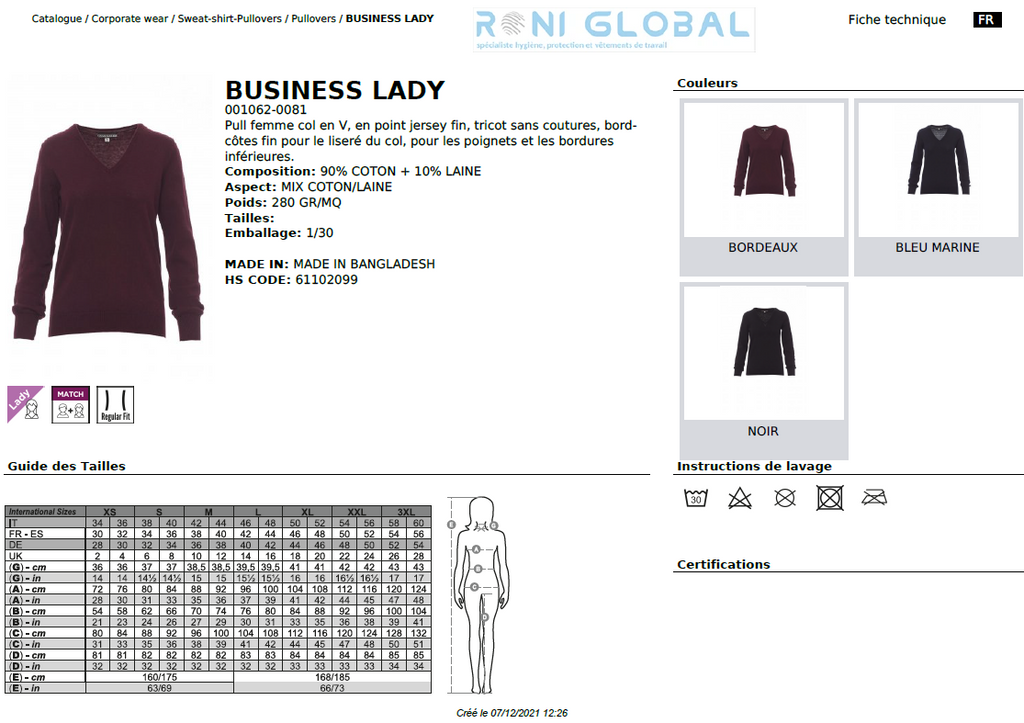 Pull de travail femme col en V, coupe droite en coton et laine - BUSINESS LADY PAYPER
