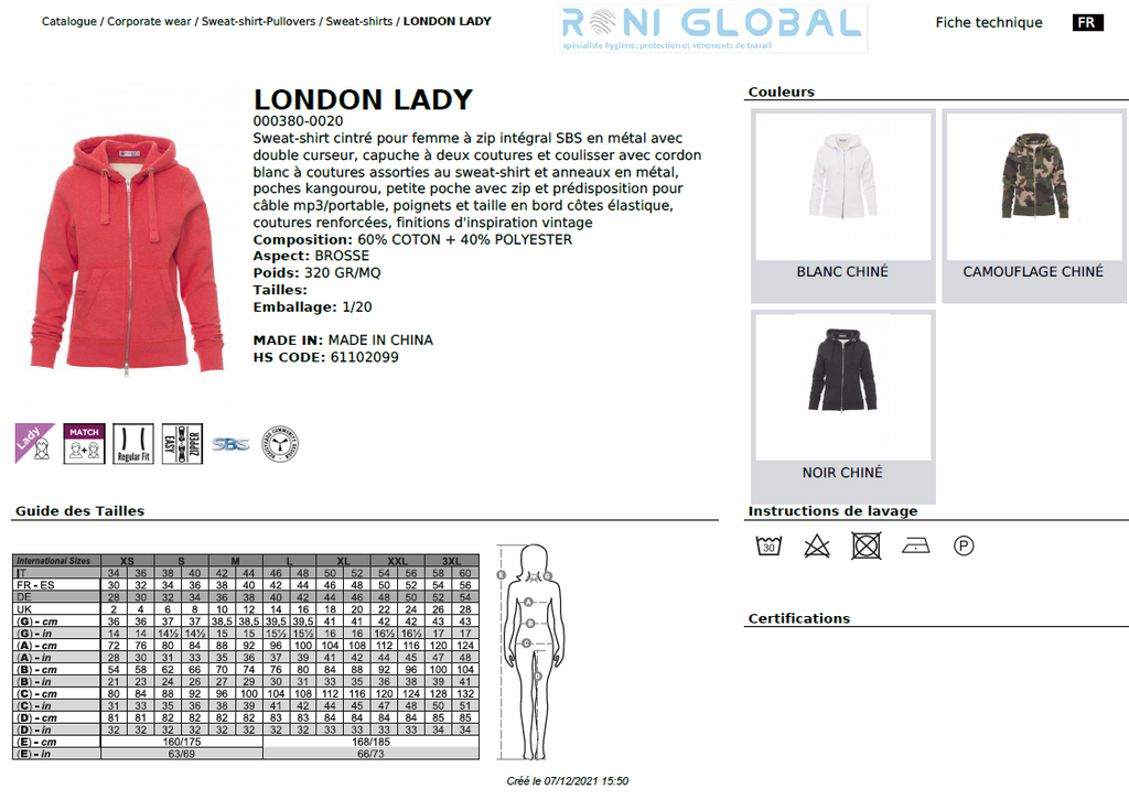 Sweat de travail femme avec capuche, coupe droite en coton et polyester 3 poches - LONDON LADY PAYPER