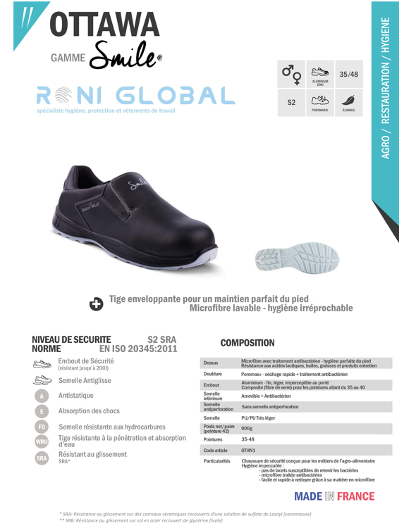 Chaussure basse de sécurité unisexe antidérapant, en microfibre lavable avec embout de sécurité S2 SRA - OTTAWA GASTON MILLE