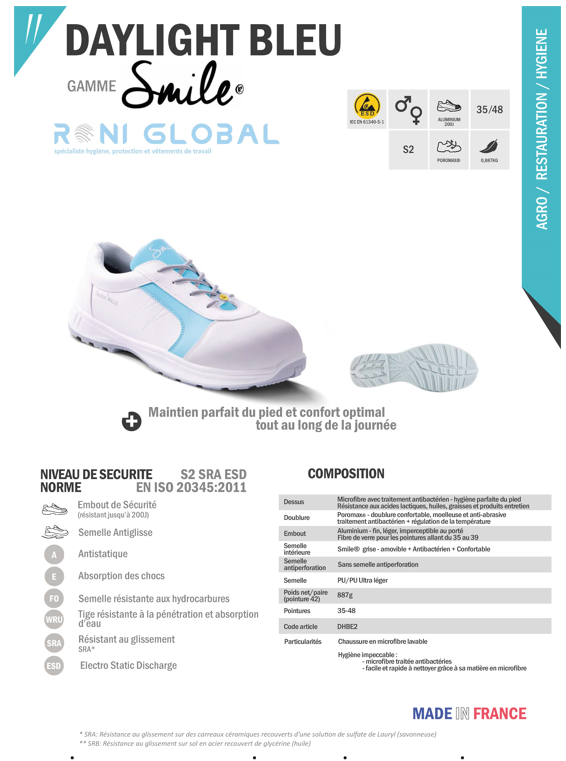 Chaussure basse de sécurité unisexe antidérapant et antistatique, en microfibre lavable avec embout de sécurité S2 SRA ESD - DAYLIGHT GASTON MILLE