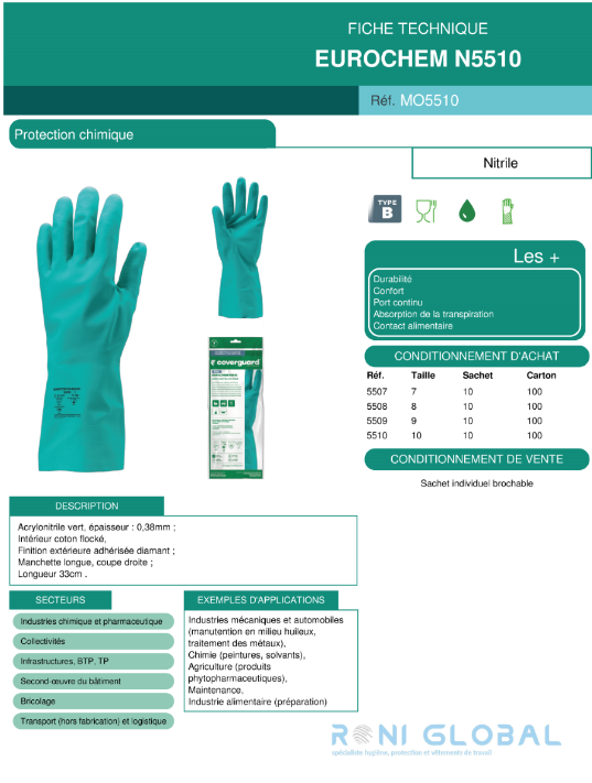 Gant de protection chimique modérée étanche en acrylonitrile et coton flocké enduit au nitrile TYPE B - EUROCHEM N5510 COVERGUARD (boîte de 10 paires)
