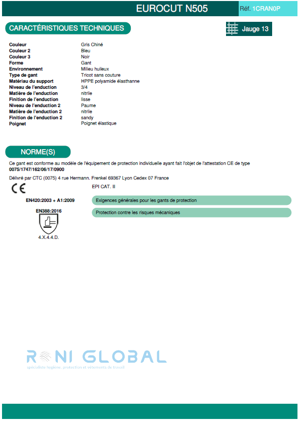 Gant de protection milieu huileux en HPPE polyamide élasthanne enduit au nitrile anti-coupure et précision CUT D - EUROCUT N505 COVERGUARD (boîte de 5 paires)