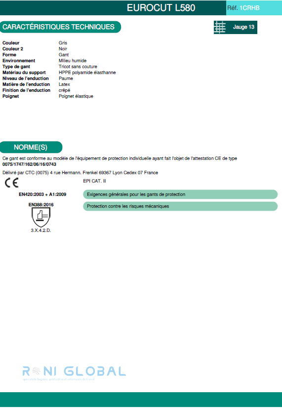 Gant de protection milieu humide en HPPE polyamide élasthanne enduit au latex anti-coupure et précision CUT D - EUROCUT L580 COVERGUARD (boîte de 5 paires)