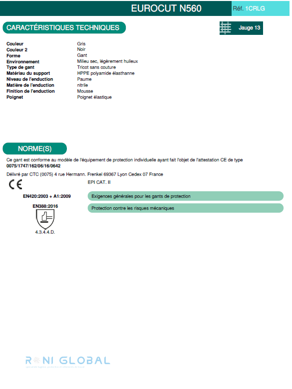 Gant de protection milieu sec en HPPE polyamide élasthanne enduit au nitrile anti-coupure et précision CUT D - EUROCUT N560 COVERGUARD (boîte de 5 paires)