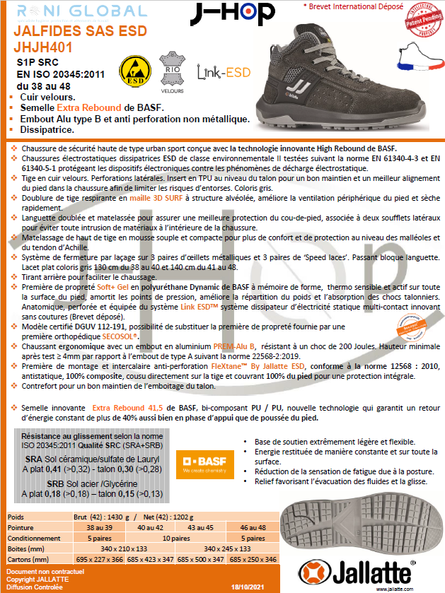 Chaussure montante de sécurité antidérapant et antistatique en cuir/textile avec embout de sécurité S1P SRC ESD - JALFIDES JALLATTE