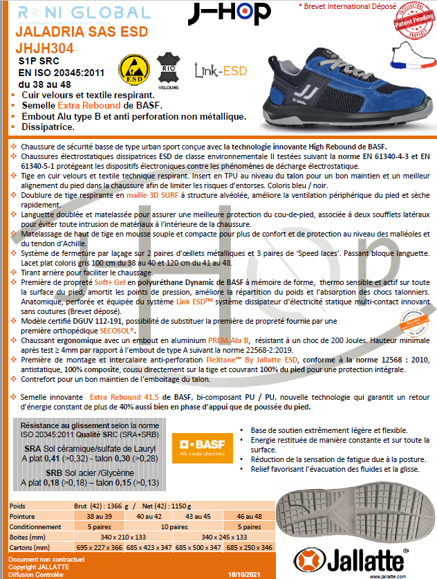 Chaussure basse de sécurité antidérapant et antistatique en cuir avec embout de sécurité S1P SRC ESD - JALADRIA JALLATTE
